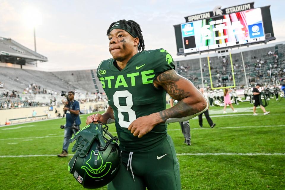 Michigan State's Jalen Berger leaves the field after beating Akron on Saturday, Sept. 10, 2022, at Spartan Stadium in East Lansing.