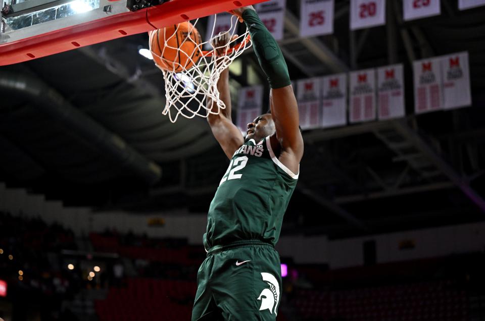 Michigan State's Mady Sissoko dunks the ball in the first half against the Maryland Terrapins at Xfinity Center on Sunday, Jan. 21, 2024 in College Park, Maryland.