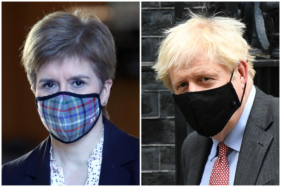 Nicola Sturgeon and Boris Johnson have imposed different national COVID restrictions on Scotland and England respectively. (Getty Images)