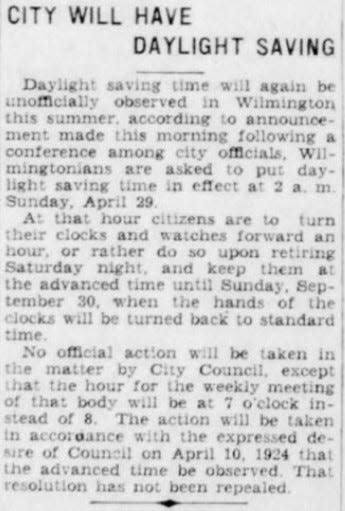 An announcement in the April 14, 1928 newspaper regarding daylight saving time.