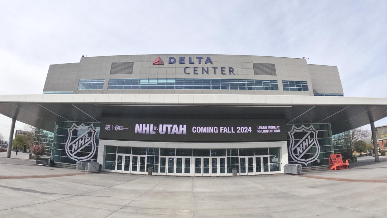 FILE - Signs celebrating the awarding of a new NHL team to Utah is displayed at the Delta Center, Friday, April 19, 2024, in Salt Lake City. Utah Hockey Club will be the name of the NHL team playing its games in Salt Lake City beginning this fall, with a long term identity still to come. (AP Photo/Rick Bowmer, File)