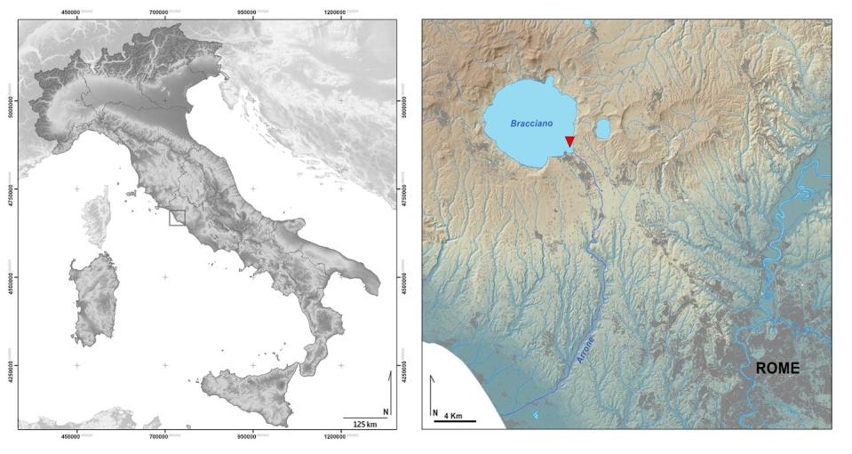 Localización del asentamiento, bajo el lago Barciano, muy cerca de Roma. Museo delle Civiltà- MPE L. Pigorini, <a href="http://creativecommons.org/licenses/by/4.0/" rel="nofollow noopener" target="_blank" data-ylk="slk:CC BY;elm:context_link;itc:0;sec:content-canvas" class="link ">CC BY</a>