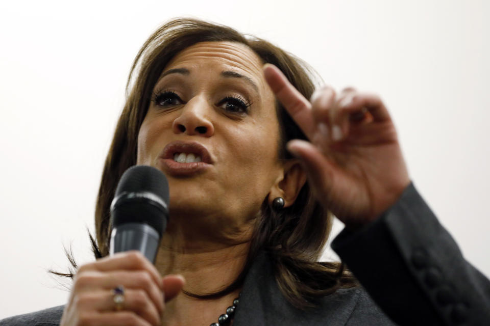 Sen. Kamala Harris, D-Calif., speaks to students at Drake University, Monday, Jan. 28, 2019, in Des Moines, Iowa. Harris formally announced on Sunday that she was seeking the Democratic presidential nomination. (AP Photo/Charlie Neibergall)