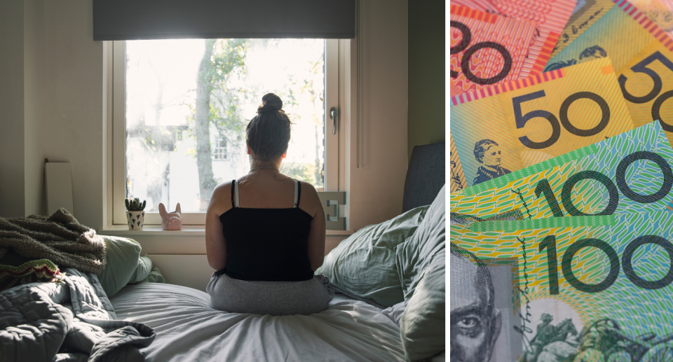 A composite image of a woman sitting on a bed looking ou t her window and Australian money to represent her lost superannuation.