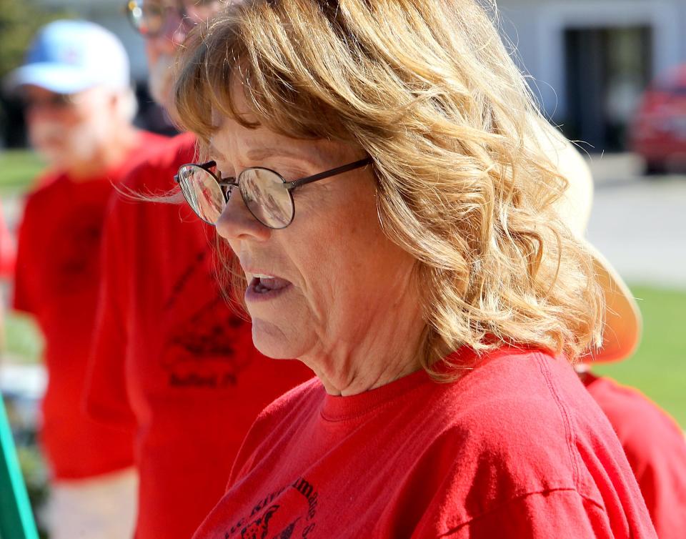 White River Humane Society Board President Debbie Stailey addresses the crowd before the groundbreaking ceremony for a new White River Humane Society facility on Wednesday, Aug. 30, 2023.