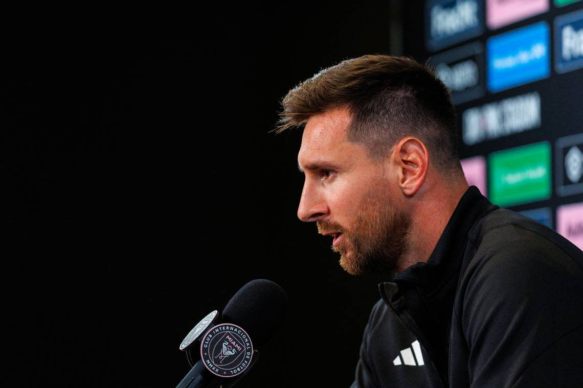 Inter Miami forward Lionel Messi speaks with the media during a press conference at DRV PNK Stadium on Thursday, Aug. 17, 2023, in Fort Lauderdale, Fla. 