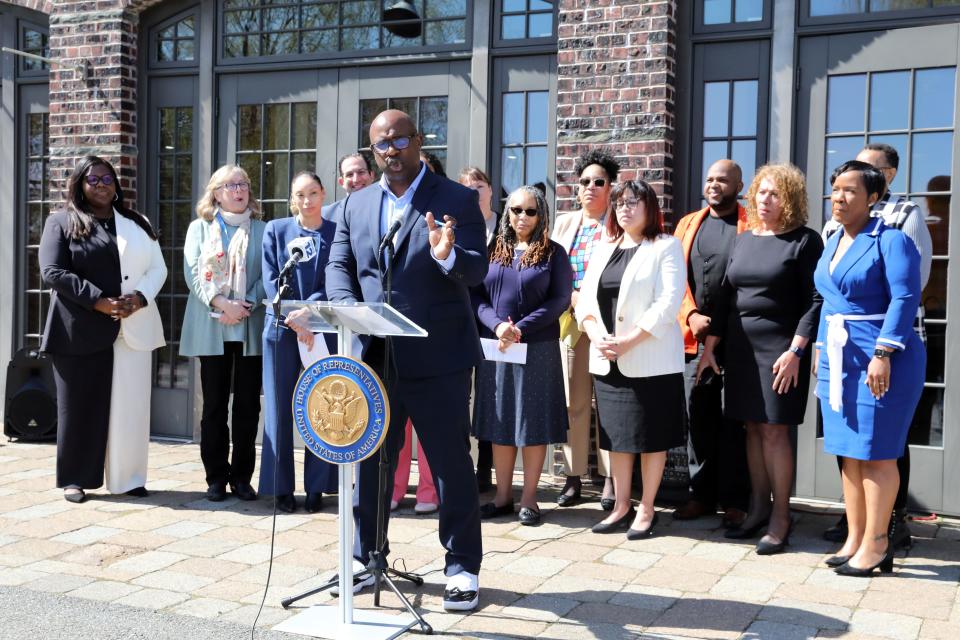 With organization leaders behind him, Rep. Jamaal Bowman announces $20 million in community project funds at Andrus Center in Yonkers March 27, 2023.