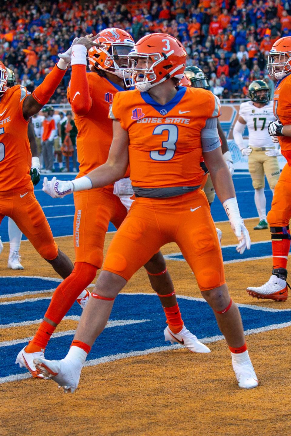 Boise State Broncos tight end Riley Smith (3) reacts after scoring against Colorado State on Oct. 29.