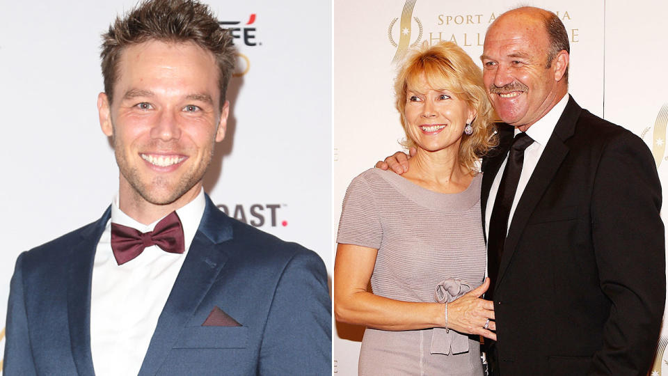 Seen here, actor Lincoln Lewis alongside a photo of his parents, Wally and Jacqui. 