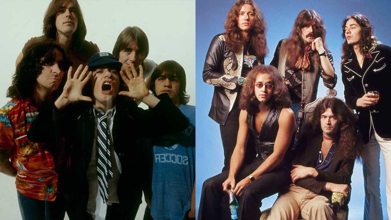  Malcolm Young, Phil Rudd, Angus Young, Cliff Williams and Bon Scott of Australian rock band AC/DC pose in Camden, London in August 1979 / Photo of Jon LORD and Tommy BOLIN and Ian PAICE and Glenn HUGHES and DEEP PURPLE and David COVERDALE; L-R (back): David Coverdale, Jon Lord, Tommy Bolin, (front): Ian Paice, Glenn Hughes - posed, studio, group shot 