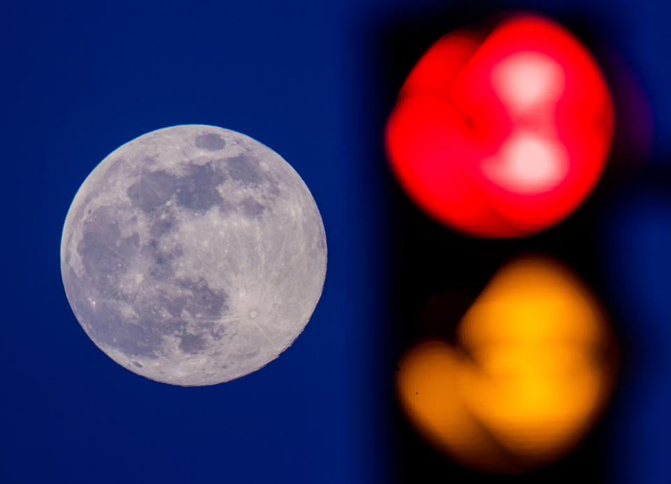 Mecklenburg-Vorpommern, Brüsewitz: Der Mond geht als sogenannter Supermond auf, im Vordergrund ist eine Kreuzungsampel zu sehen. "Sehr stimmungsvolle Bilder ergeben sich durch die Kombination mit einem interessanten Vordergrund. Dazu muss der Mond nahe am Horizont stehen. Dann ist er nicht zu weit entfernt von den Vordergrundobjekten und das verbleibende Dämmerungslicht erhellt die umgebende Szenerie", erklärt Rolf Hempel, Leiter des DLR-Instituts für Softwaretechnologie in Köln. (Foto: Jens Büttner/dpa)