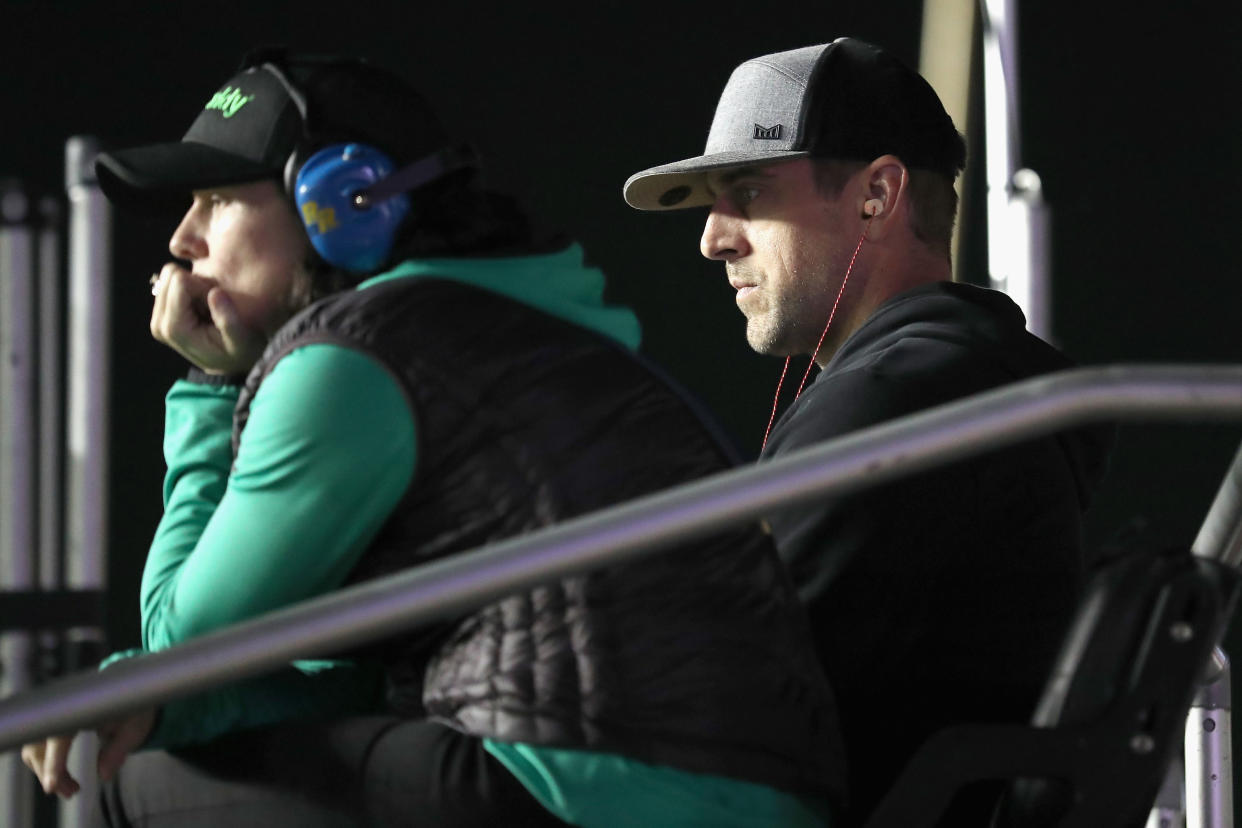 Aaron Rodgers watches the second Daytona Duel qualifying race. (Getty)