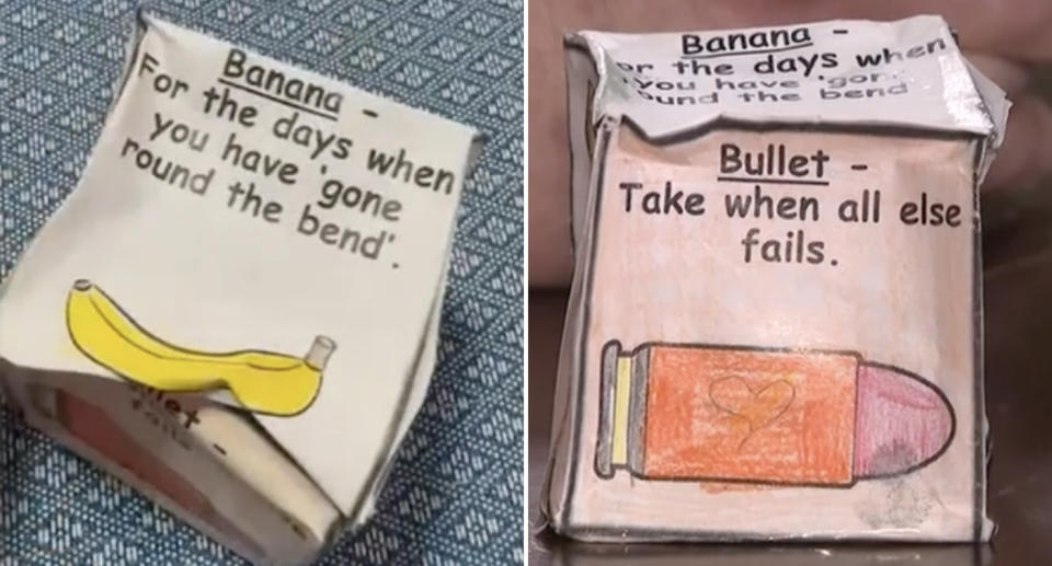 The paper dice showing a picture of a banana and a bullet with the words 'take when all else fails'.