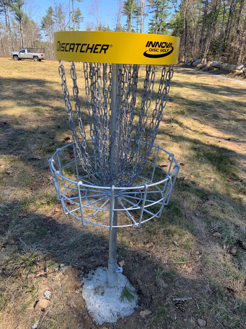 The first hole, or basket, at Gardner's under-construction disc golf course at Bailey Brook Park. Officials said the course's first nine holes should be ready for public play over the summer.