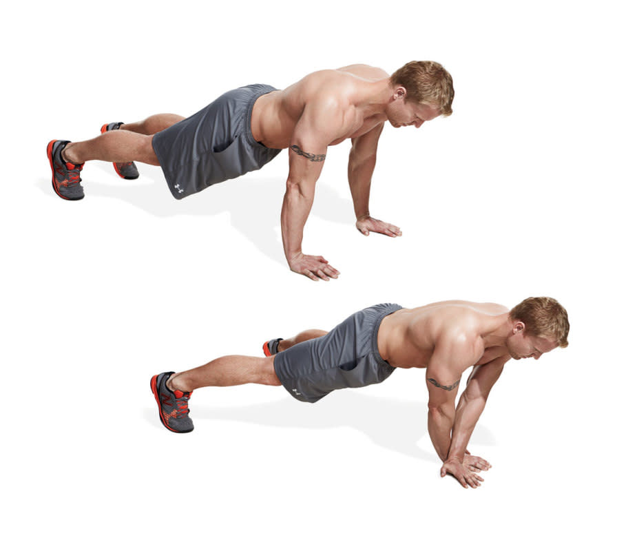 How to do it:<ul><li>Get into pushup position and simultaneously move your left hand over your right while your right leg steps out wide. Now bring the right hand out and walk your left foot into a normal pushup footing. That’s one shuffle. Continue “walking” for 10 shuffles and then walk in the opposite direction to get back to the starting position. Keep your core braced and your hips level at all times.</li></ul>