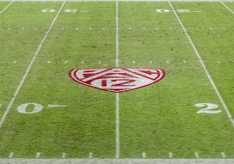 PALO ALTO, CA - NOVEMBER 14:  A high angle view of the Pac-12 logo on the field at Stanford Stadium during a game between the Stanford Cardinal and the Colorado Buffaloes played on November 14, 2020 in Palo Alto, California.  (Photo by David Madison/Getty Images)