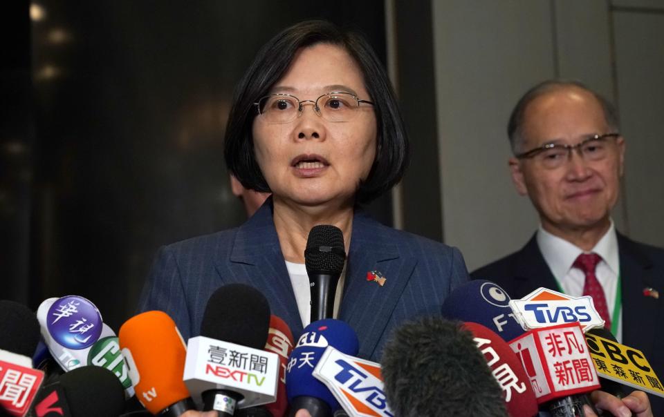 Taiwan's President Tsai Ing-wen () and USTBC chairman/NASDAQ president Michael Splinter (unseen) speak with the press before they attend a Taiwan-US business summit organised by USTBC and Taiwan's trade organisation TAITRA in midtown New York on July 12, 2019. - Tsai is spending two days in New York ahead of a visit to diplomatic allies in the Caribbean. (Photo by TIMOTHY A. CLARY / AFP)        (Photo credit should read TIMOTHY A. CLARY/AFP/Getty Images)