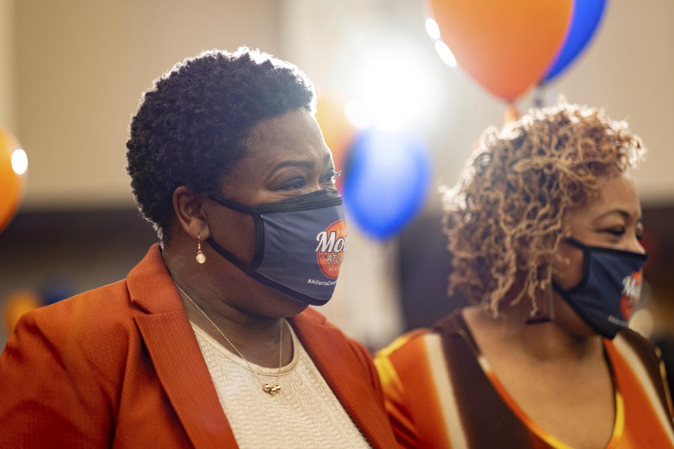 Felicia Moore, Atlanta City Council president and mayoral candidate, greets supporters at her election night party Tuesday, Nov. 2, 2021 in Atlanta. (AP Photo/Ben Gray)