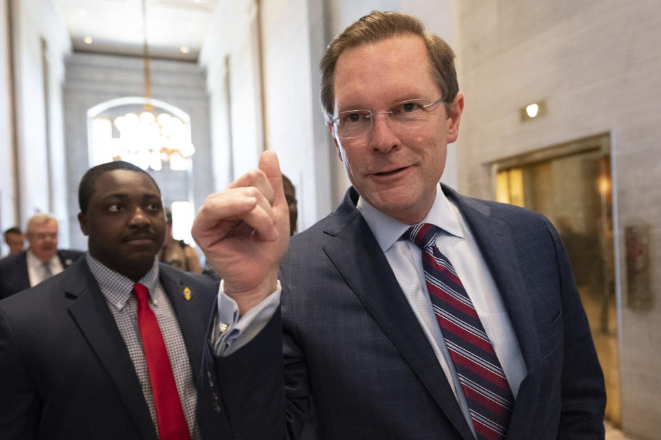 House Speaker Cameron Sexton, R-Crossville, makes his way through the state Capitol, Thursday, April 20, 2023 in Nashville, Tenn. (AP Photo/George Walker IV)