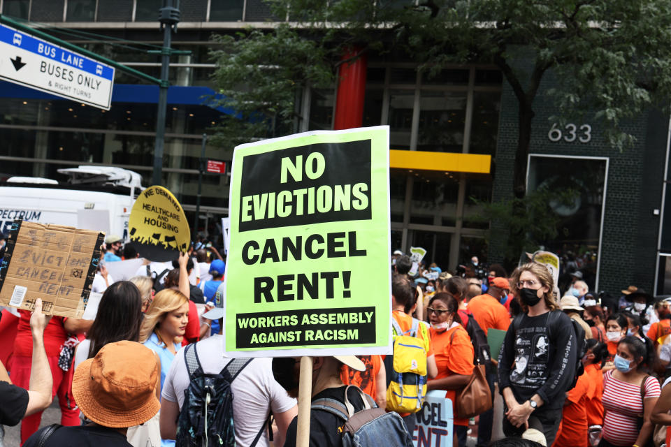 NEW YORK, NEW YORK - AUGUST 31: People gather at the New York City office of Gov. Kathy Hochul calling for a stop to evictions on August 31, 2021 in New York City. Housing activists and community members gathered and marched towards the NYC office of Gov. Hochul calling on her, Assembly Speaker Carl Heastie, and Senate Majority Leader Andrea Stewart-Cousins to amend and extend the evictions moratorium, which expires tonight. Rent Stabilization Association, New York's largest landlord group, has threatened to sue the state legislature if lawmakers extend the pandemic-era eviction moratorium. On August 12th, the U.S. Supreme Court ruled against parts of New York's eviction moratorium that allows renters to submit a hardship declaration form stating a loss of income due to the coronavirus (COVID-19) pandemic or that moving would harm their health. (Photo by Michael M. Santiago/Getty Images)