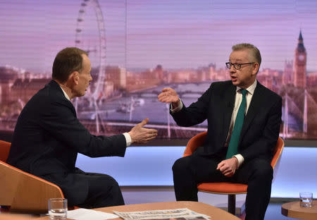 Britain's Secretary of State for Environment, Food and Rural Affairs Michael Gove appears on the BBC's Marr Show, in London, Britain, December 2, 2018. Jeff Overs/BBC/Handout via REUTERS