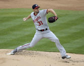 Washington Nationals starting pitcher Max Scherzer throws during the first inning of a baseball game against the New York Yankees, Saturday, May 8, 2021, at Yankee Stadium in New York. (AP Photo/Bill Kostroun)