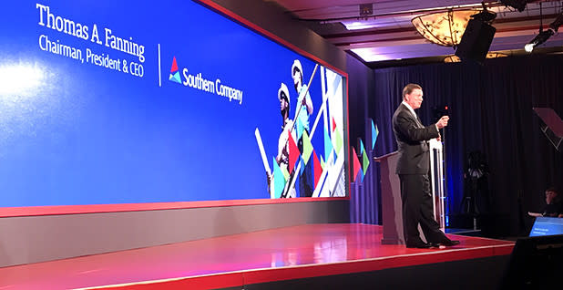 Southern Company CEO Tom Fanning speaks at the company’s annual investor day in Georgia in 2018. (Kristi E. Swartz/Floodlight)