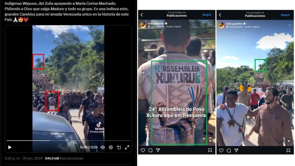 <span>Comparación entre capturas de pantalla de una publicación en X (I) y un video en Instagram publicado por el diputado Tulio Gadelha, hecha el 2 de julio de 2024</span>