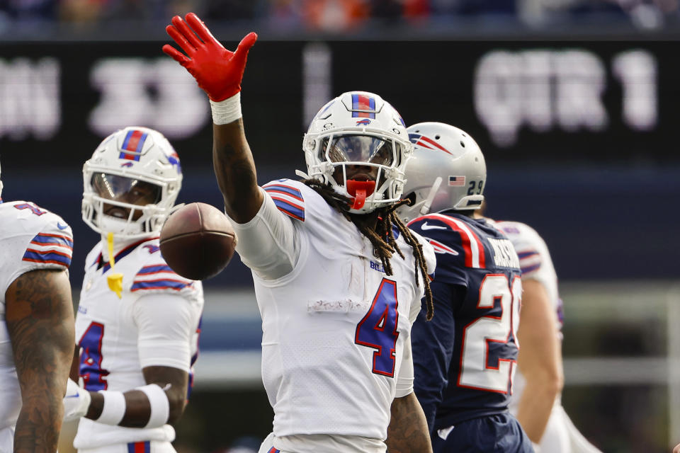 James Cook and the Buffalo Bills are looking to bounce back from a bad loss at New England. (AP Photo/Winslow Townson)