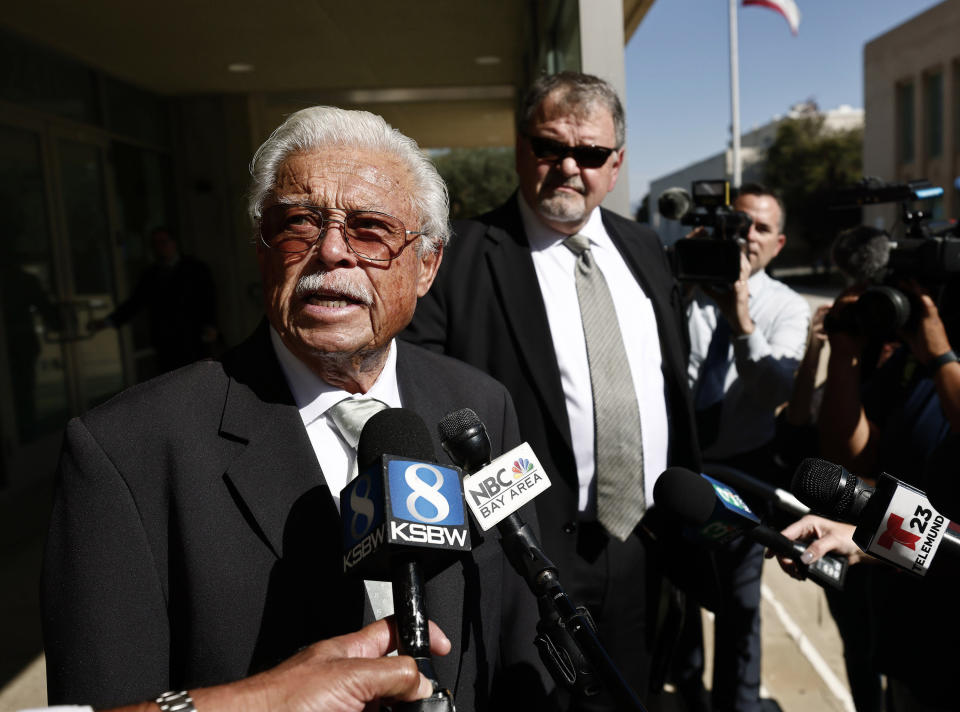Ruben Flores speaks to the media after being acquitted of accessory to murder charges on Tuesday, Oct. 18, 2022, outside a Salinas Court in Salinas, Calif. Ruben's son, Paul Flores, was found guilty of murder in the killing of missing Cal Poly Student Kristin Smart. (Daniel Dreifuss/Monterey Weekly via AP)