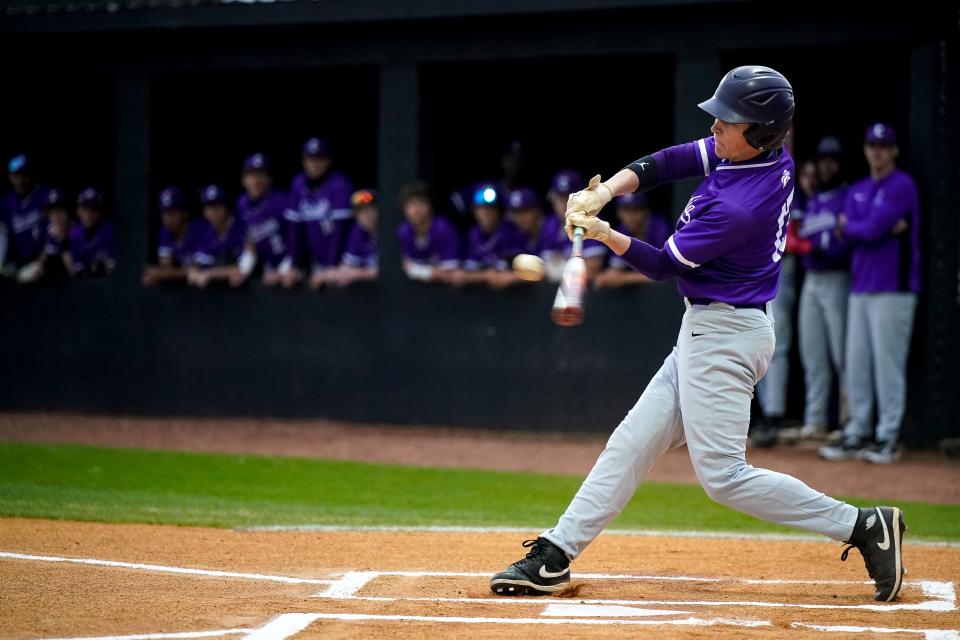 Columbia Central's Konner Bowden (13) connects with the ball but grounds out against Spring Hill during the first inning at Spring Hill High School in Columbia, Tenn., Monday, March 25, 2024.