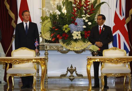 Britain's Prime Minister David Cameron (L) waits with Indonesia's President Joko Widodo for the start of the signing on MOUs between the two countries at Presidential Palace in Jakarta, Indonesia July 27, 2015. REUTERS/Darren Whiteside