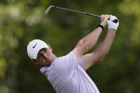 Rory McIIroy hits from the tee on the third hole during second-round play in the Tour Championship golf tournament at East Lake Golf Club, Friday, Sept. 3, 2021, in Atlanta. (AP Photo/Brynn Anderson)