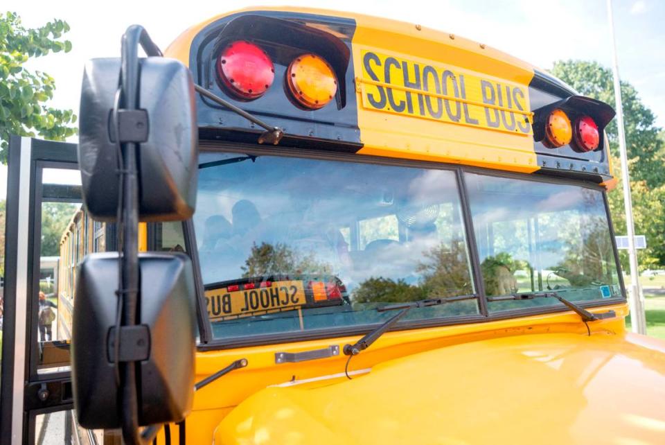 Students from Our Lady of Victory get into the bus after school on Friday, Sept. 22, 2023.