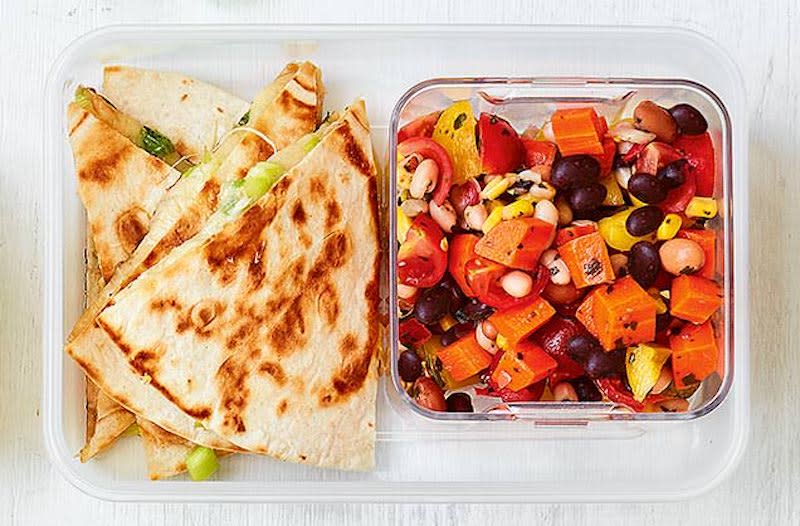 <p>It’s a far cry from the days or turkey twizzlers, as this cheesy quesadilla and rainbow salad is something we wouldn’t mind taking to work… It takes just 15 minutes to prepare and is sure to keep kids tired of sandwiches content. For the full recipe, visit <a rel="nofollow noopener" href="https://realfood.tesco.com/recipes/cheesy-quesadilla-with-rainbow-salad.html" target="_blank" data-ylk="slk:Tesco;elm:context_link;itc:0" class="link ">Tesco</a>. </p>