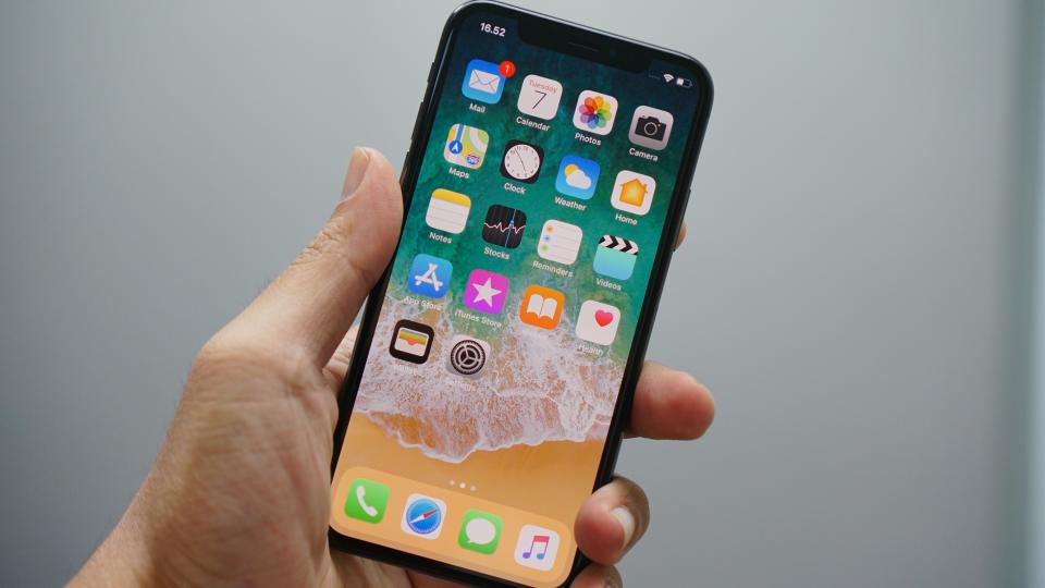 A person holding an unlocked iPhone X, displaying its homescreen