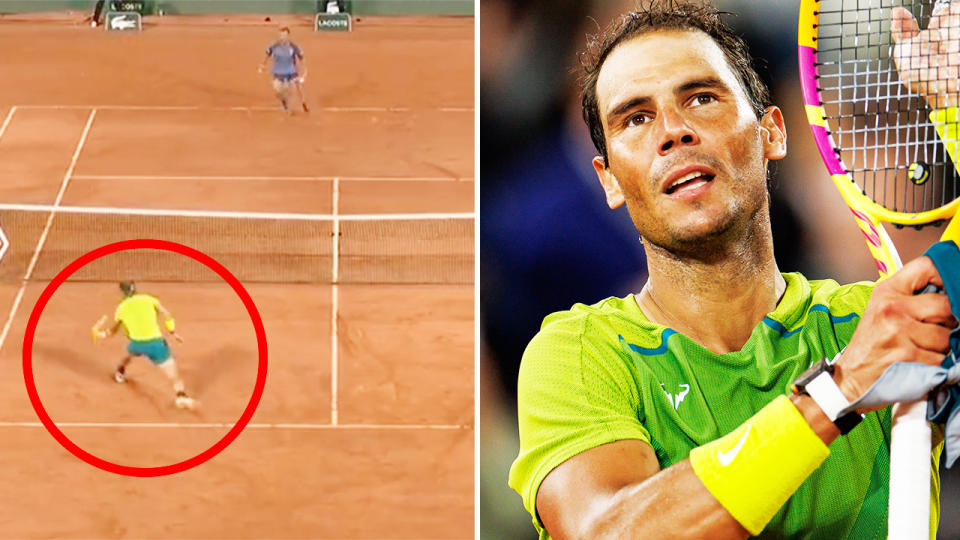 Rafa Nadal, pictured here producing an extraordinary winner against Corentin Moutet at the French Open.