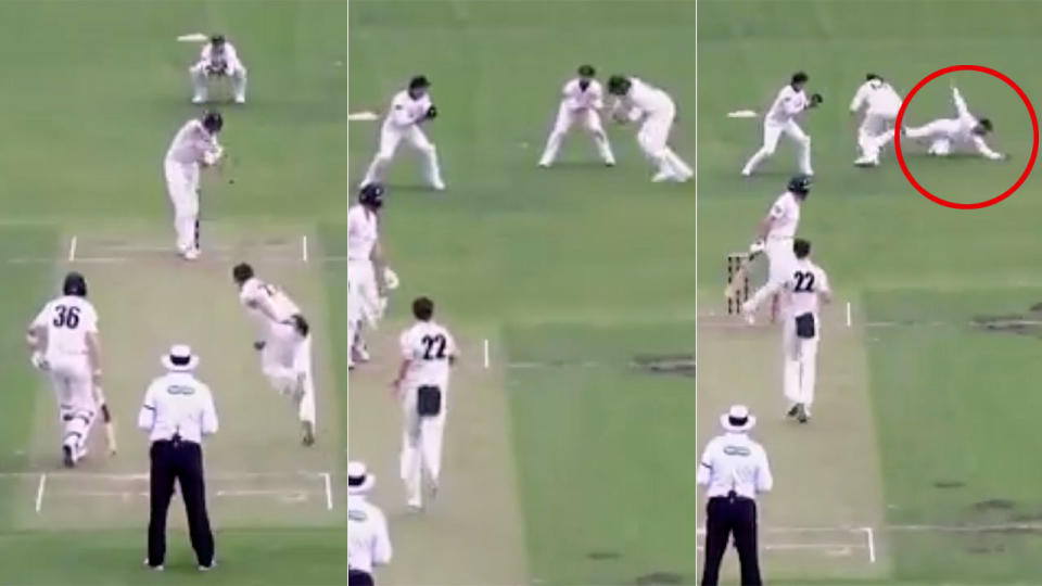 Wade took an extraordinary catch to remove Hughes. Pic: Cricket Network