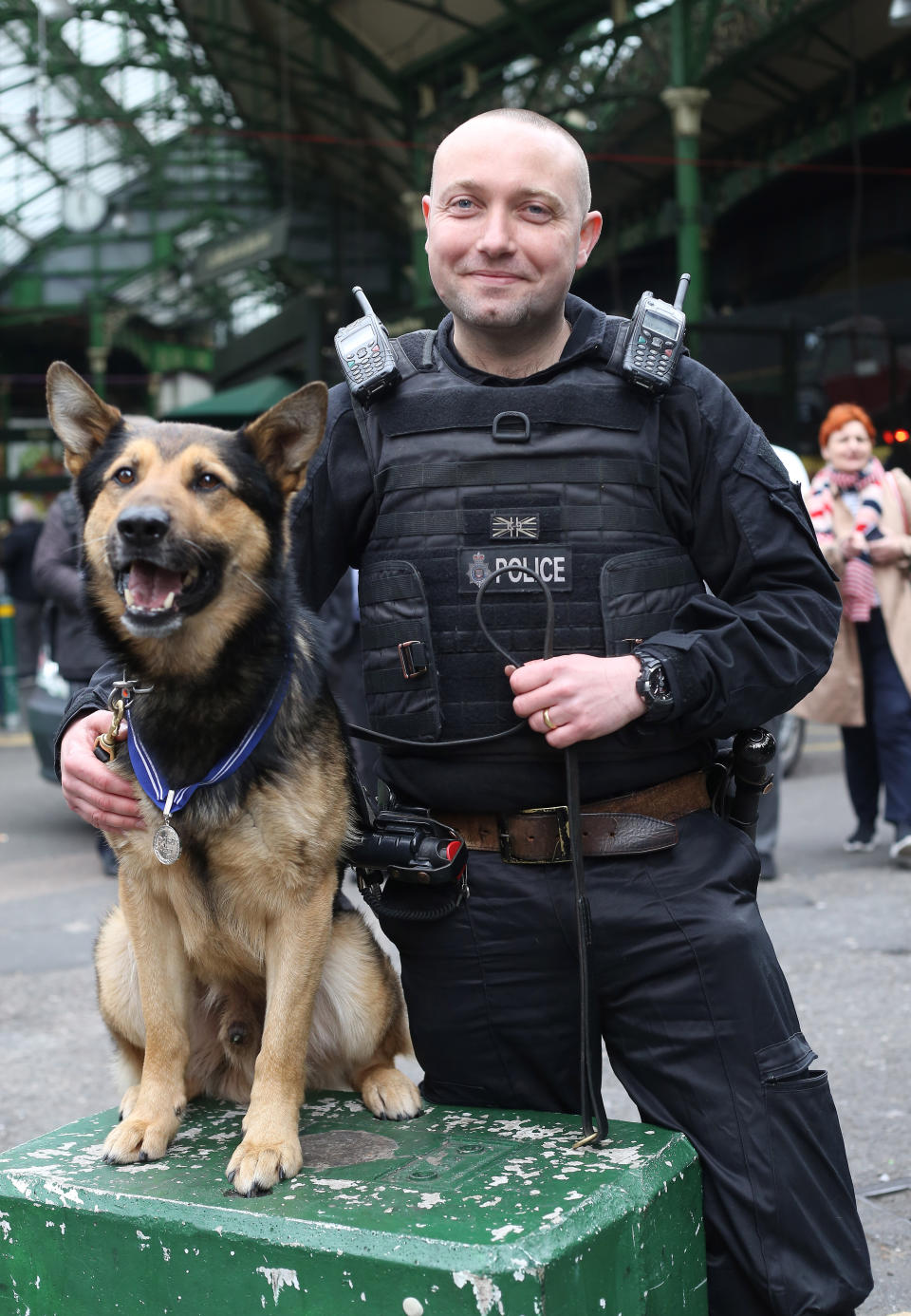 PD Marci, General Purpose Dog, with handler PC Neil Billany receives the PDSA Order of Merit, for terror attack heroics. He is one of seven hero police dogs receiving an award for helping emergency services during the 2017 London terror attacks at Westminster Bridge, London Bridge and Borough Market.