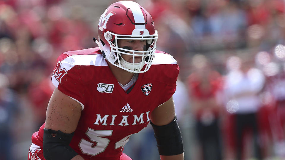 Miami Redhawks left tackle Tommy Doyle during an NCAA football game on Saturday, Sept. 7 , 2019 in Oxford , OH . (AP Photo/Tony Tribble)