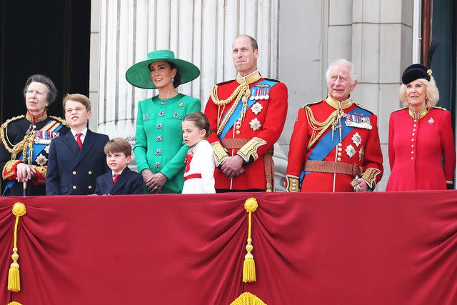 <p>Neil Mockford/Getty</p> (From left) Princess Anne, Prince George, Prince Louis, Kate Middleton, Princess Charlotte, Prince William, King Charles and Queen Camilla at Trooping the Colour in June 2023.
