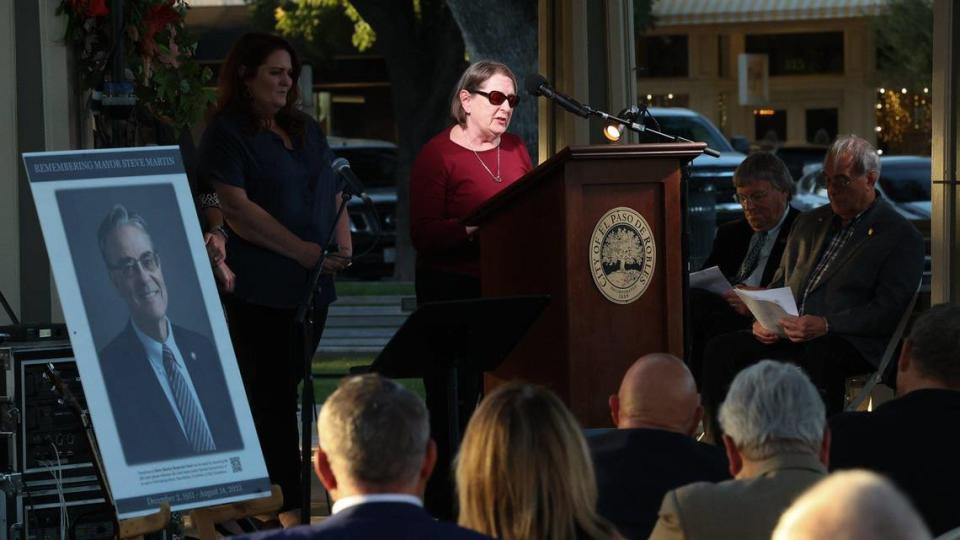 Jennifer Martin, widow of late Paso Robles Mayor Steve Martin, spoke about her husband of nearly 50 years at a memorial on Wednesday, Sept. 27, 2023. Over 100 people gathered to honor Martin at the Downtown City Park.