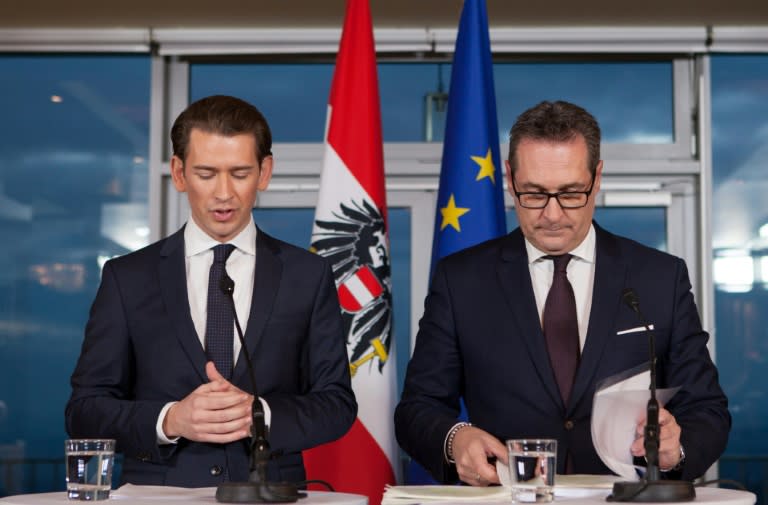 Future Austrian Chancellor Sebastian Kurz (L) of the conservative People's Party (OeVP) and incoming vice-chancellor Heinz-Christian Strache of the far-right Freedom Party (FPOe) struck a deal to form a coalition government on Friday