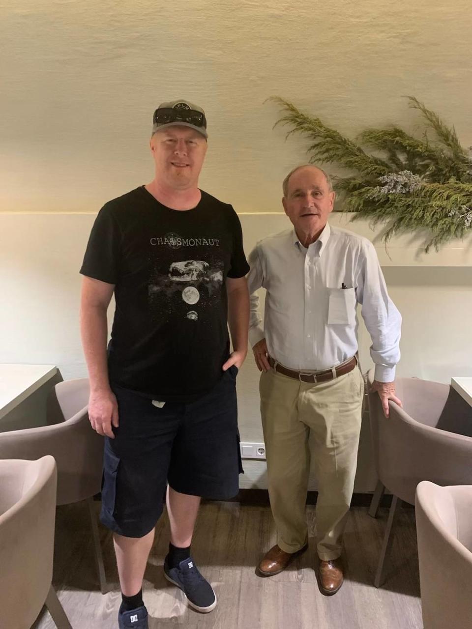 U.S. Sen. Jim Risch, R-Idaho, right, and Nick Maimer, left, a retired U.S. Army Green Beret, pose for a picture during a meeting in Kyiv, Ukraine, in May 2022. Maimer, a Boise native, was helping train Ukrainian volunteers in the nation’s war with Russia.