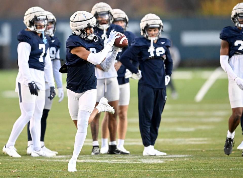 Penn State safety Keaton Ellis makes a catch during a drill at practice on Wednesday, Nov. 9, 2022.