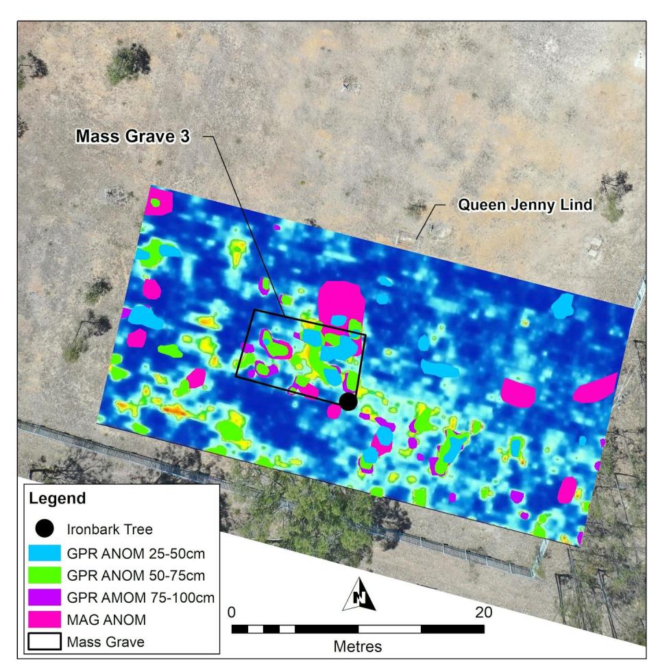 Ground penetrating radar shows mass graves from the small Aboriginal settlement of Cherbourg in Australia, where 490 out of 500 people were struck down by the 1918-1919 influenza pandemic, with about 90 deaths. Kelsey Lowe, <a href="http://creativecommons.org/licenses/by-nd/4.0/" rel="nofollow noopener" target="_blank" data-ylk="slk:CC BY-ND;elm:context_link;itc:0;sec:content-canvas" class="link ">CC BY-ND</a>