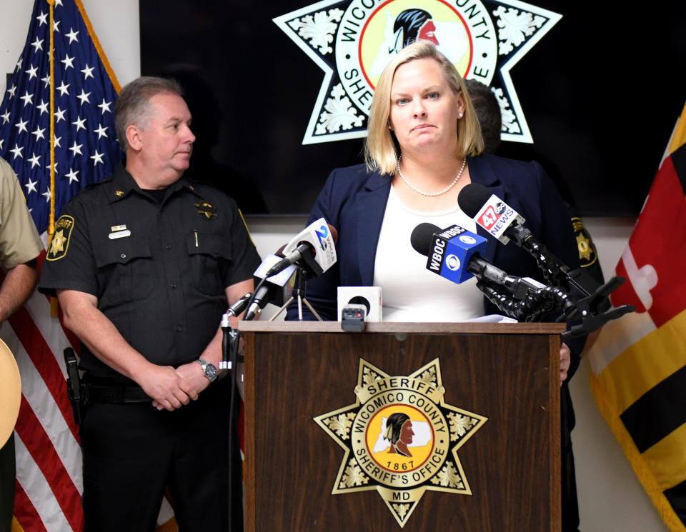Jamie L. Dykes, State's Attorney for Wicomico County, speak at a press conference on the death of Deputy First Class Glenn Hillard Monday, June 13, 2022, at the Wicomico County Sheriff's Office in Salisbury, Maryland.
