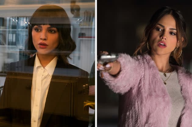 Eiza González in 3 Body Problem (left) and Baby Driver (right)