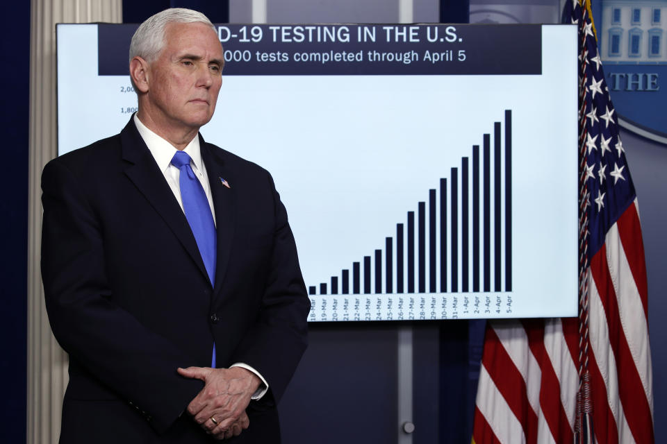 FILE - In this Monday, April 6, 2020, file photo, Vice President Mike Pence listens as President Donald Trump speaks about the coronavirus at the White House in Washington. Pence, in a June 16, 2020, op-ed in The Wall Street Journal, said the public health system is “far stronger” than it was when coronavirus hit. (AP Photo/Alex Brandon)