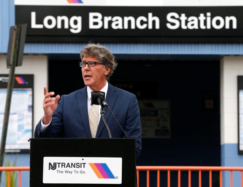 Long Branch Mayor John Pallone speaks during a NJ Transit press conference at the Long Branch train station Tuesday, June 1, 2021.